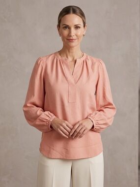 PREVIEW Long-Sleeve Split-Neck Blouse in Soft Peach Size 16